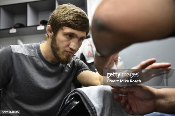 Said Nurmagomedov of Russia gets his hands wrapped backstage during the UFC Fight Night event inside CenturyLink Arena on July 14, 2018 in Boise,...