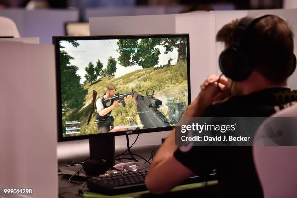 Gamer plays "PlayersUnknown's Battlegrounds" while competing in the PUBG Pan-Continental tournament during the World Showdown of Esports at PokerGo...