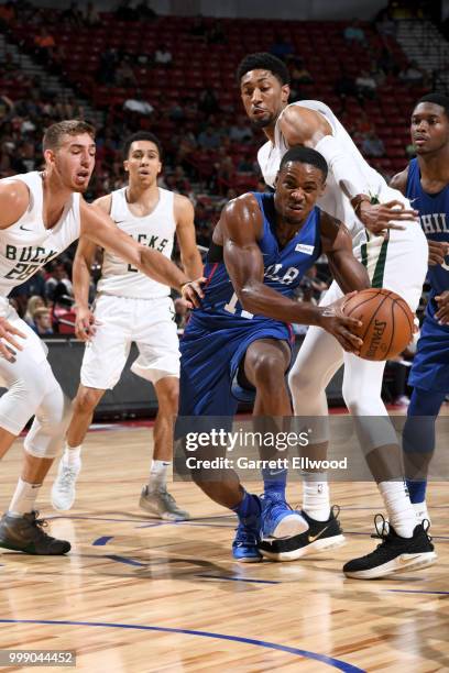 Demetrius Jackson of the Philadelphia 76ers drives to the basket against the Milwaukee Bucks during the 2018 Las Vegas Summer League on July 14, 2018...