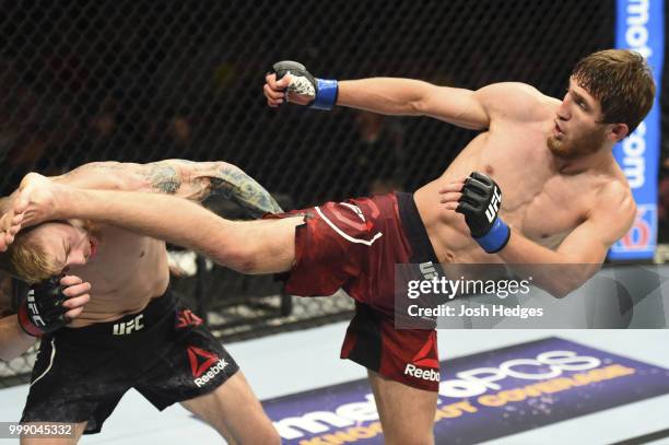 Said Nurmagomedov of Russia kicks Justin Scoggins in their flyweight fight during the UFC Fight Night event inside CenturyLink Arena on July 14, 2018...