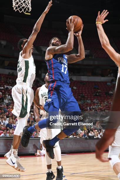 Devyn Marble of the Philadelphia 76ers goes to the basket against the Milwaukee Bucks during the 2018 Las Vegas Summer League on July 14, 2018 at the...