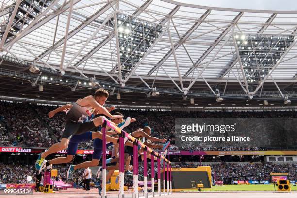 German athlete Rico Freimuth competes in the 110 metre decathlon hurdle event at the IAAF World Championships in London, UK, 12 August 2017. Photo:...