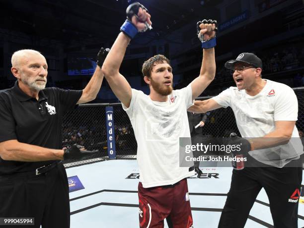Said Nurmagomedov of Russia celebrates after defeating Justin Scoggins by split decision in their flyweight fight during the UFC Fight Night event...