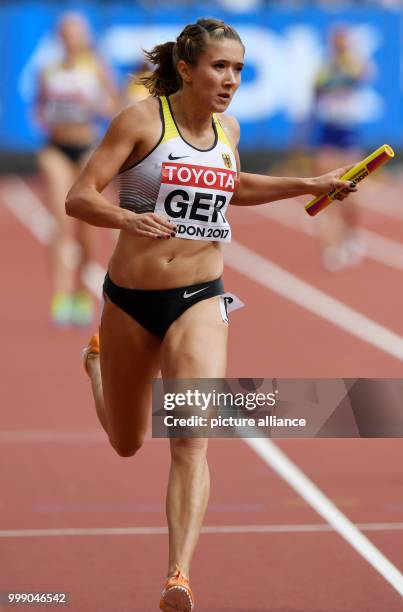 German athlete Rebekka Haase competes in the 4 x 400 metre relay race event at the IAAF World Championships in London, UK, 12 August 2017. Photo:...