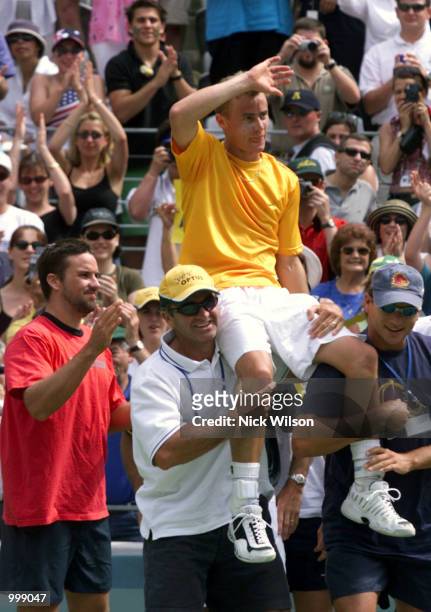 Lleyton Hewitt of Australia celebrates his 7/6, 5/7,6/2,6/1 win over Thomas Johansson of Sweden during the third day's play in the Davis Cup Semi...