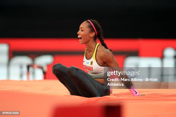 Jacqueline Otchere of Germany reacts as she competes in the women's pole vault during Day One of the Athletics World Cup at London Stadium 2018...