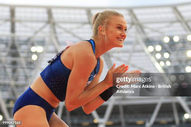 Katie Nageotte of USA reacts as she competes in the women's pole vault during Day One of the Athletics World Cup at London Stadium 2018 presented by...