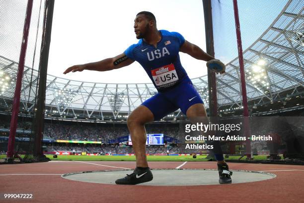 Reggie Jager of USA competes in the mens discus during Day One of the Athletics World Cup at London Stadium 2018 presented by Muller at London...