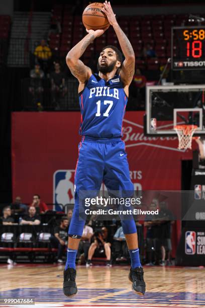 Devyn Marble of the Philadelphia 76ers shoots the ball against the Milwaukee Bucks during the 2018 Las Vegas Summer League on July 14, 2018 at the...