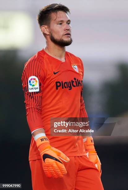 Tomas Vaclik of Sevilla FC reacts during Pre- Season friendly Match between Sevilla FC and AFC Bournemouth at La Manga Club on July 14, 2018 in...