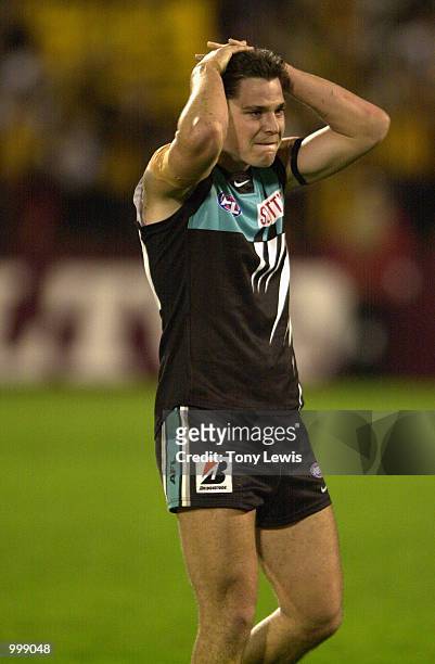 Adam Kingsley of Port Adelaide grimaces after the semi final match between Port Power and the Hawthorn Hawks played at Football Park in Adelaide,...
