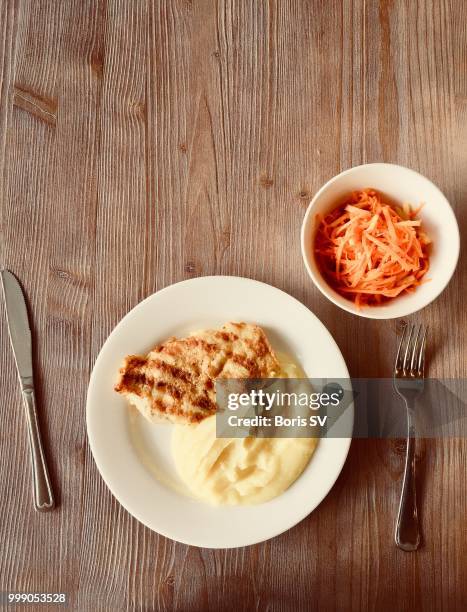 mashed potato with grilled chicken fillet - mashed stock pictures, royalty-free photos & images