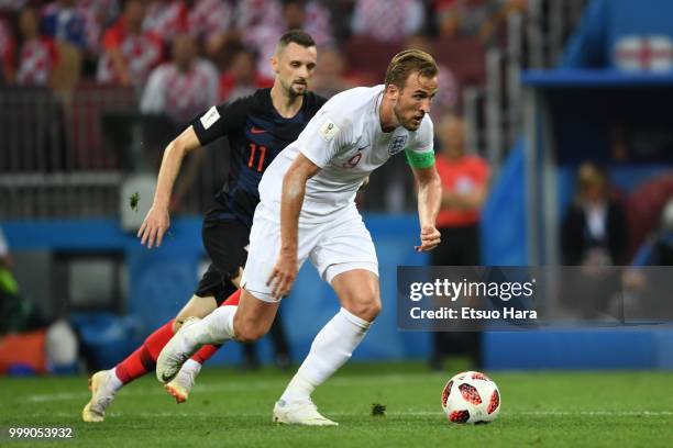 Harry Kane of England in action during the 2018 FIFA World Cup Russia Semi Final match between England and Croatia at Luzhniki Stadium on July 11,...