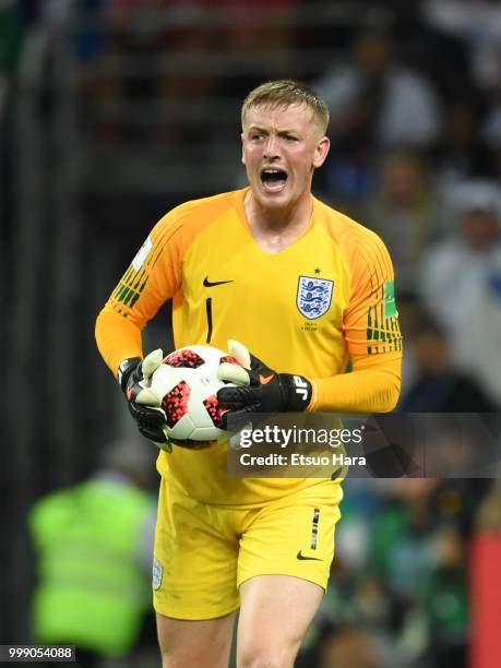Jordan Pickford of England in action during the 2018 FIFA World Cup Russia Semi Final match between England and Croatia at Luzhniki Stadium on July...