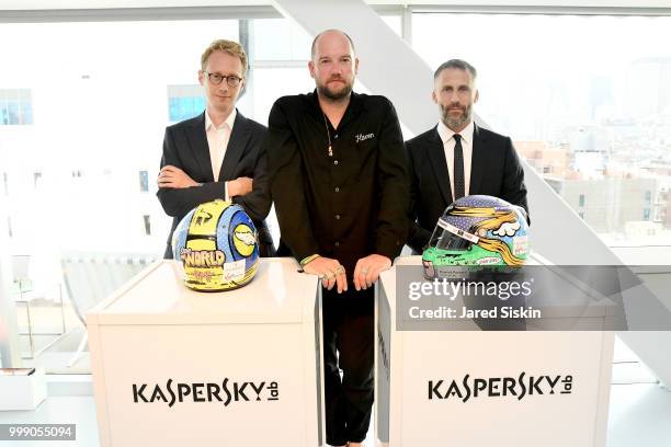 Sylvain Filippi, D*Face and Aldo del Bo is seen at "Art Goes Green" event at The New Museum in New York, organized by Kaspersky Lab in Collaboration...