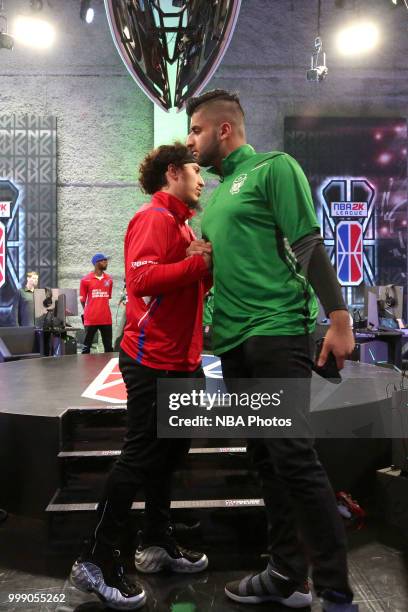 Mel East of Celtics Crossover Gaming and Im So Far Ahead Pistons Gaming Team shake hands after the game during Day 3 of the NBA 2K - The Ticket...