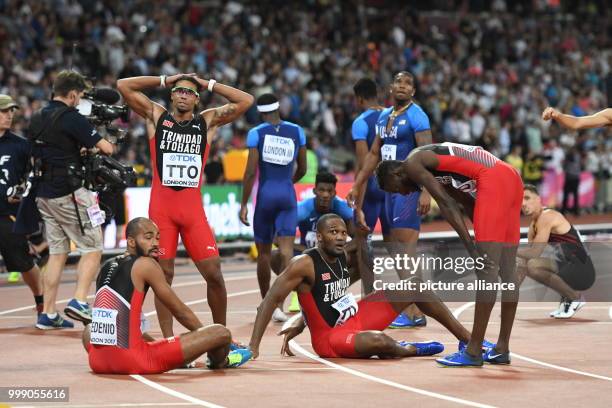 The Trinidad and Tobago team standing after their victory at the men's 4 x 400 meter relay at the IAAF London 2017 World Athletics Championships in...