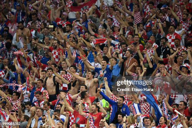 Fans of Croatia cheer during the 2018 FIFA World Cup Russia Semi Final match between England and Croatia at Luzhniki Stadium on July 11, 2018 in...