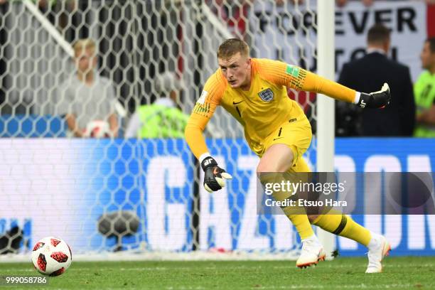 Jordan Pickford of England in action during the 2018 FIFA World Cup Russia Semi Final match between England and Croatia at Luzhniki Stadium on July...