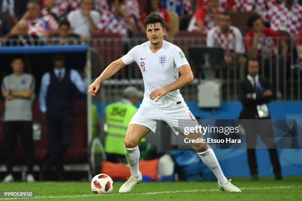 Harry Maguire of England in action during the 2018 FIFA World Cup Russia Semi Final match between England and Croatia at Luzhniki Stadium on July 11,...