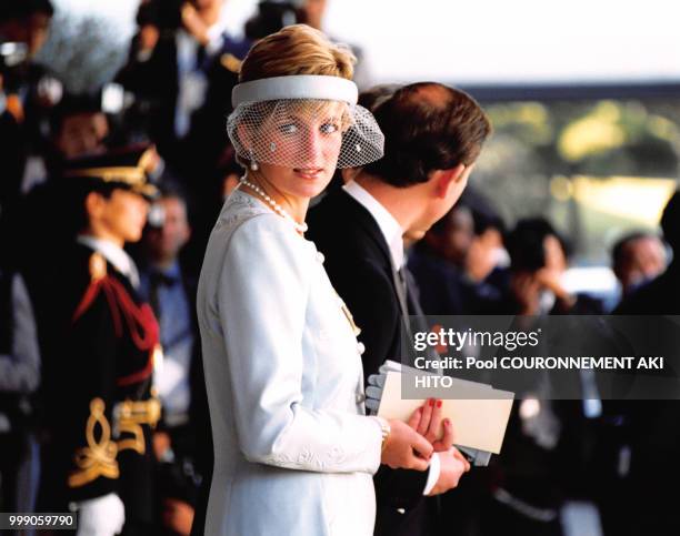 Le prince Charles d'Angleterre et Lady Diana lors de la cérémonie de couronnement de l'empereur Aki Hito le 12 novembre 1990 à Tokyo, Japon.
