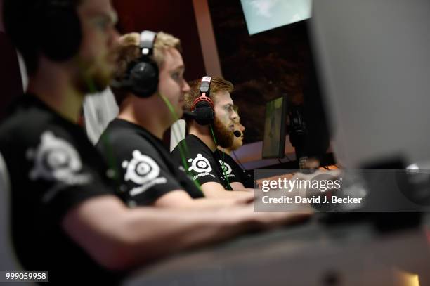 Gamers Adrian "Haxete" Blom, Anssi "mxey" Pekkonen, David "Fuzzface" Persson and Jere "Jembty" Kauppinen of team FaZe Clan play "PlayersUnknown's...