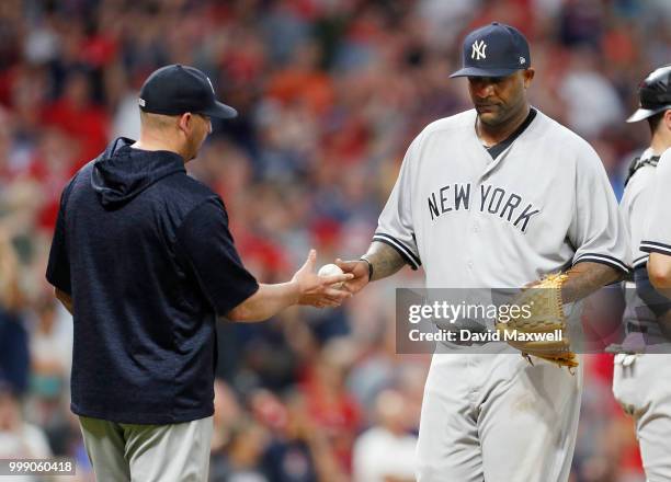 Sabathia of the New York Yankees leaves the game in the sixth inning against the Cleveland Indians at Progressive Field on July 14, 2018 in...