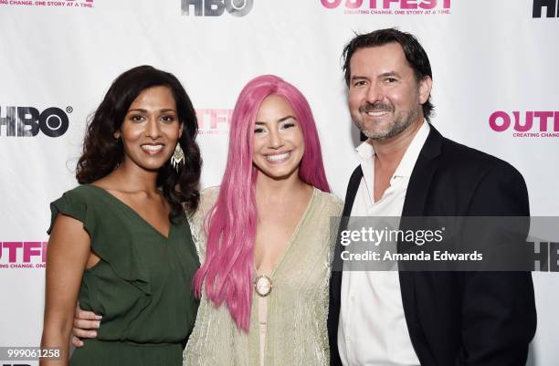 Actress Rekha Sharma and directors Amara Cash and James Kerwin arrive at the 2018 Outfest Los Angeles premiere of "Daddy Issues" at the DGA Theater...