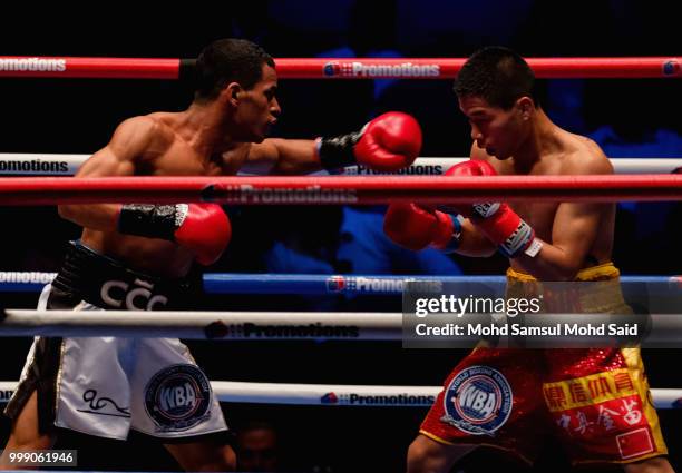 Carlos Canizales of Venezuela fight with Lu Bin of China during their World light flyweight boxing championship title bout in Kuala Lumpur, Malaysia...