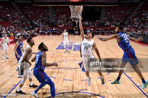 Travis Trice II of the Milwaukee Bucks goes to the basket against the Philadelphia 76ers during the 2018 Las Vegas Summer League on July 14, 2018 at...