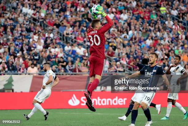 New England Revolution goalkeeper Matt Turner grabs a cross during a match between the New England Revolution and the Los Angeles Galaxy on July 14...
