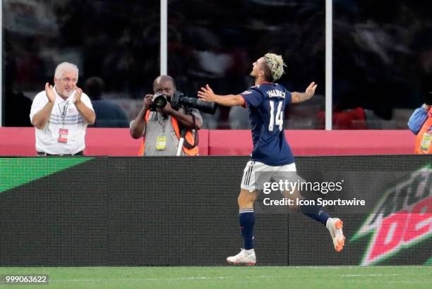 New England Revolution midfielder Diego Fagundez celebrates his goal during a match between the New England Revolution and the Los Angeles Galaxy on...