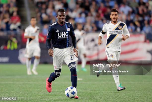 New England Revolution midfielder Luis Caicedo looks to pass during a match between the New England Revolution and the Los Angeles Galaxy on July 14...