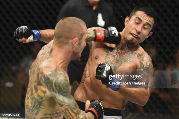Eddie Wineland punches Alejandro Perez of Mexico in their bantamweight fight during the UFC Fight Night event inside CenturyLink Arena on July 14,...