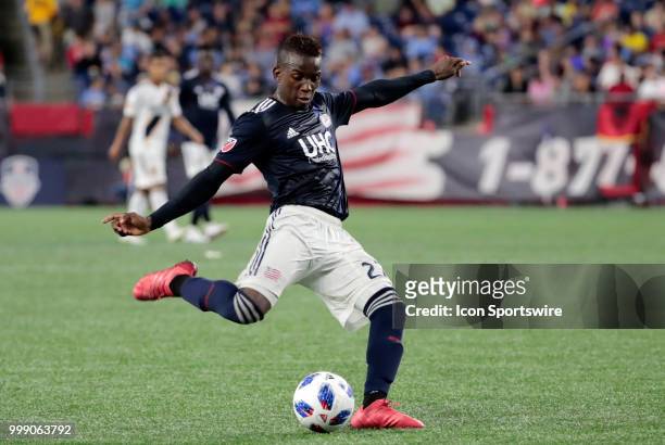 New England Revolution midfielder Luis Caicedo takes a shot during a match between the New England Revolution and the Los Angeles Galaxy on July 14...