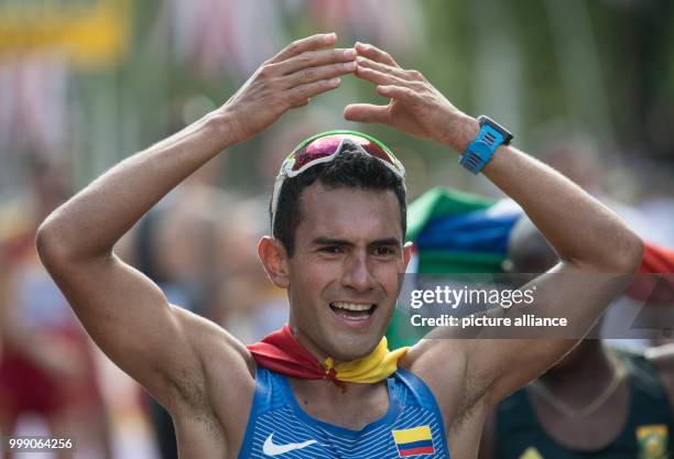 The Colombian walker Eider Arevalo celebrates his victory in the 20 kilometre marathon at the IAAF London 2017 World Athletics Championships in...