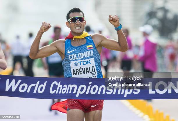 The Colombian walker Eider Arevalo celebrates his victory in the 20 kilometre marathon at the IAAF London 2017 World Athletics Championships in...