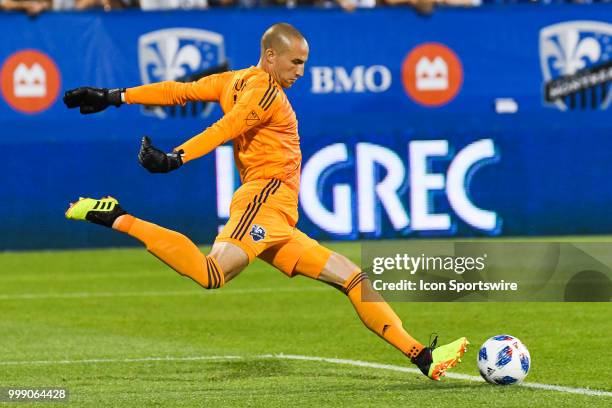 Montreal Impact goalkeeper Evan Bush kicks the ball away during the San Jose Earthquakes versus the Montreal Impact game on July 14 at Stade Saputo...