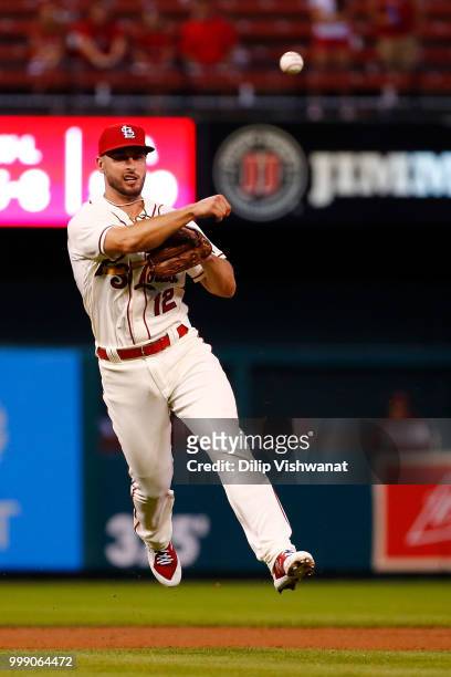 Paul DeJong of the St. Louis Cardinals throws to first base against the Cincinnati Reds in the sixth inning at Busch Stadium on July 14, 2018 in St....