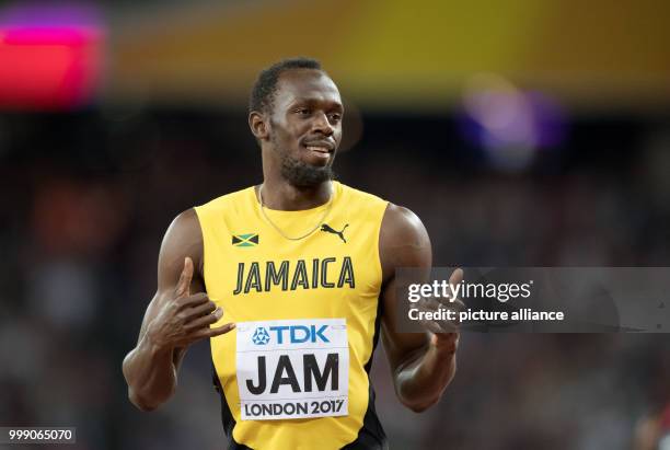 Sprinter Usain Bolt of Jamaica can be seen at the final race of the 4 x 100 metres relay at the IAAF London 2017 World Athletics Championships in...