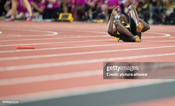 Sprinter Usain Bolt of Jamaica can be seen at the final race of the 4 x 100 metres relay at the IAAF London 2017 World Athletics Championships in...