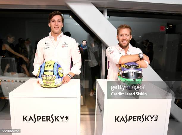 Virgin Racing Drivers Alex Lynn and Sam Bird are seen at "Art Goes Green" event at The New Museum in New York, organized by Kaspersky Lab in...