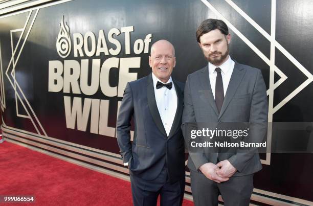Bruce Willis and Flula Borg attend the Comedy Central Roast of Bruce Willis at Hollywood Palladium on July 14, 2018 in Los Angeles, California.