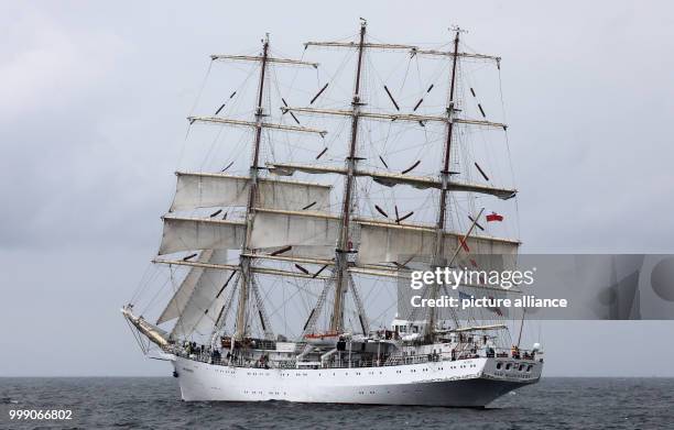 The Polish tall ship "Dar Mlodziezy" photographed during the squadron trip of the Hanse Sail on the Baltic Sea off Warnemunde, Germany, 12 August...