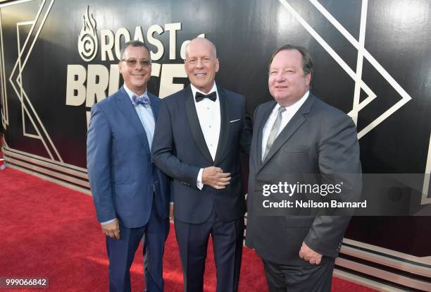 President, Comedy Central Kent Alterman, Bruce Willis and Chief Executive Officer of Viacom Bob Bakish attend the Comedy Central Roast of Bruce...