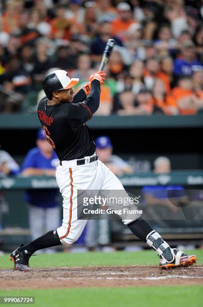 Jonathan Schoop of the Baltimore Orioles hits a sacrifice fly in the sixth inning against the Texas Rangers at Oriole Park at Camden Yards on July...