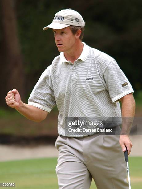 Scott Laycock of Australia celebrates a birdie putt at the 11th hole during the final round of the Holden Australian Open Golf Tournament held at The...