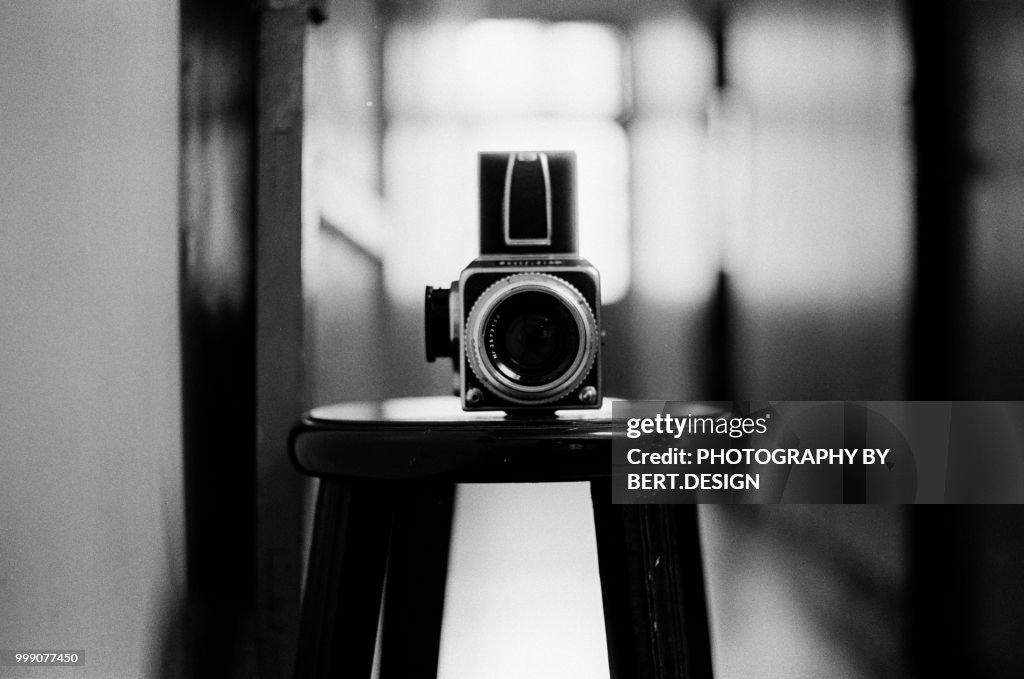 A vintage medium format camera on the chair