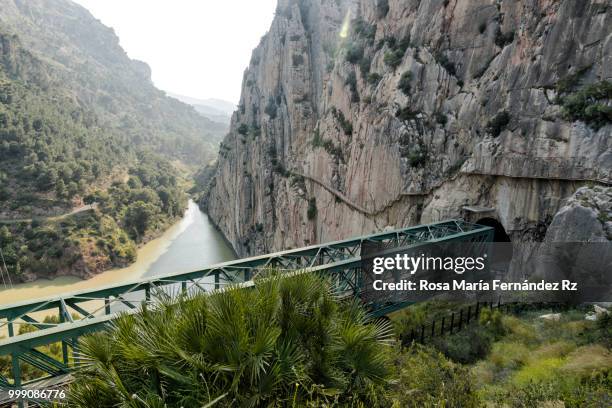 the king's little pathway (camino del rey) last stretch, with rain iron bridge, málaga, spain. europe - caminho stock pictures, royalty-free photos & images