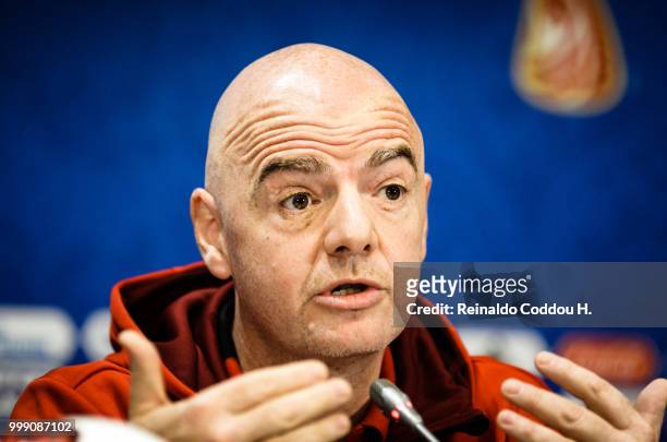 President Gianni Infantino is seen during a press conference at Luzhniki Stadium on July 13, 2018 in Moscow, Russia.